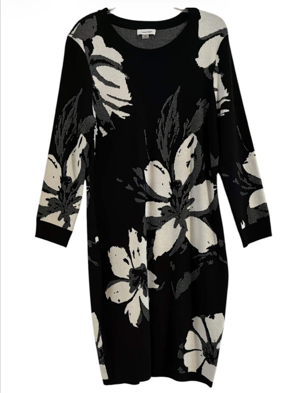 Calvin Klein Floral Sweater Dress Black Gray Knit Midi L
